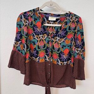 Anthropologie Maeve Boho Floral Tie-Front Blouse 🌿 Fall Statement Top